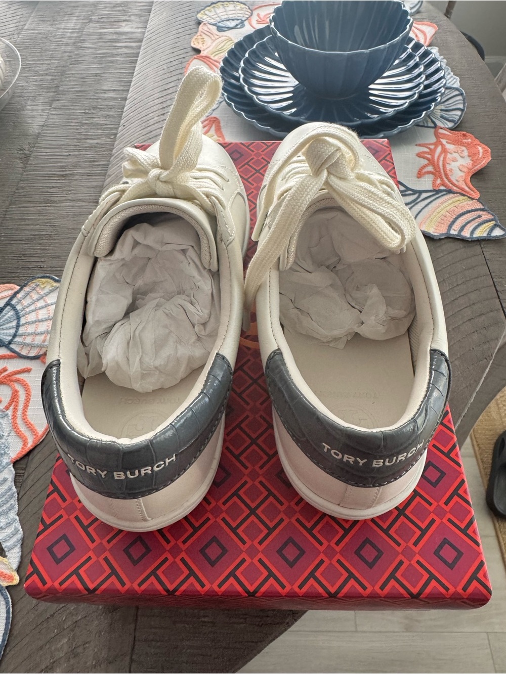 Tory Burch White Perforated Logo Leather Sneaker with Silver Heel Accent - Picture 6 of 7